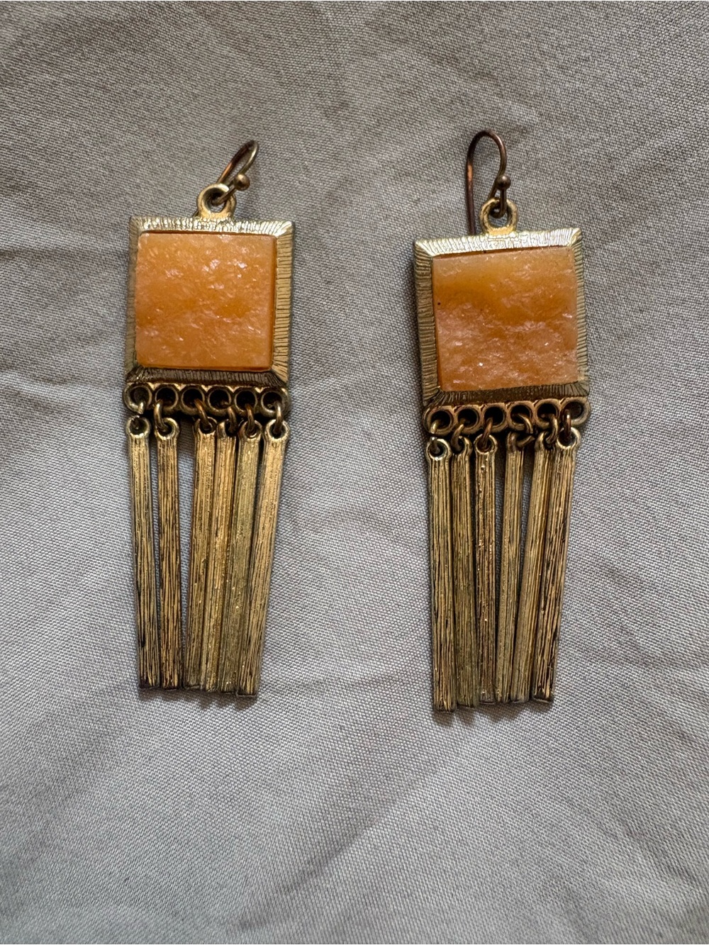 Gold-Tone Fringe Earrings with Peach Stone Accent
